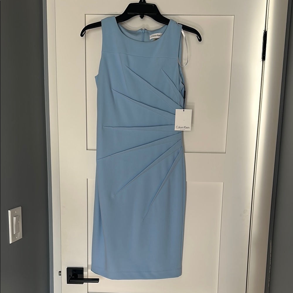 Calvin Klein Blue Sleeveless Asymmetrical Ruched Sheath Dress